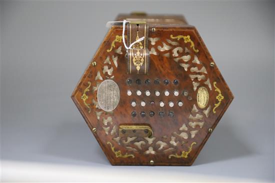 A 19th century Louis Lachenal Presentation cut brass inlaid thuya concertina,